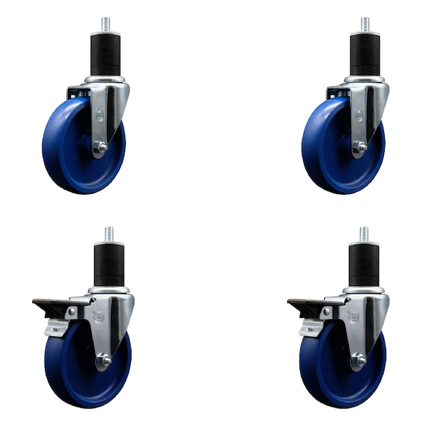 5'' Solid Poly Wheel Swivel 1-3/4'' Expanding Stem Caster Set 2 Brakes, 4PK